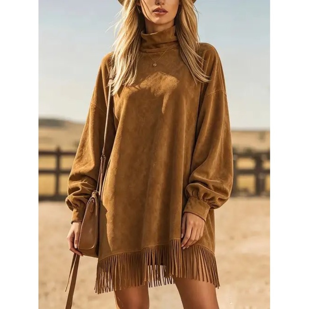 Brown Faux Suede Fringe Mini Tunic Dress Mock Neck Lantern Sleeve Small NWT Boo